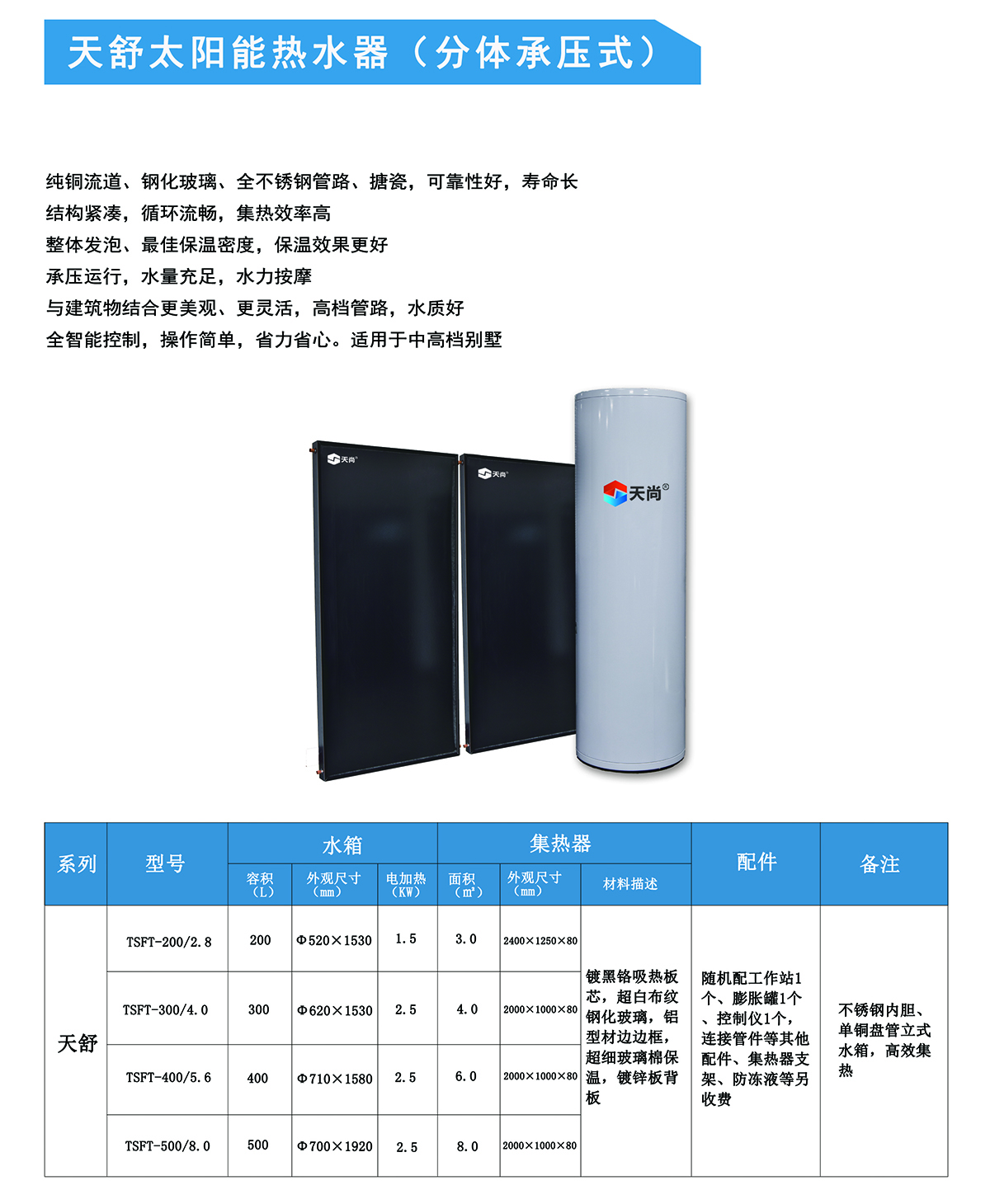 Tianshu solar water heater (split pressure bearing type)